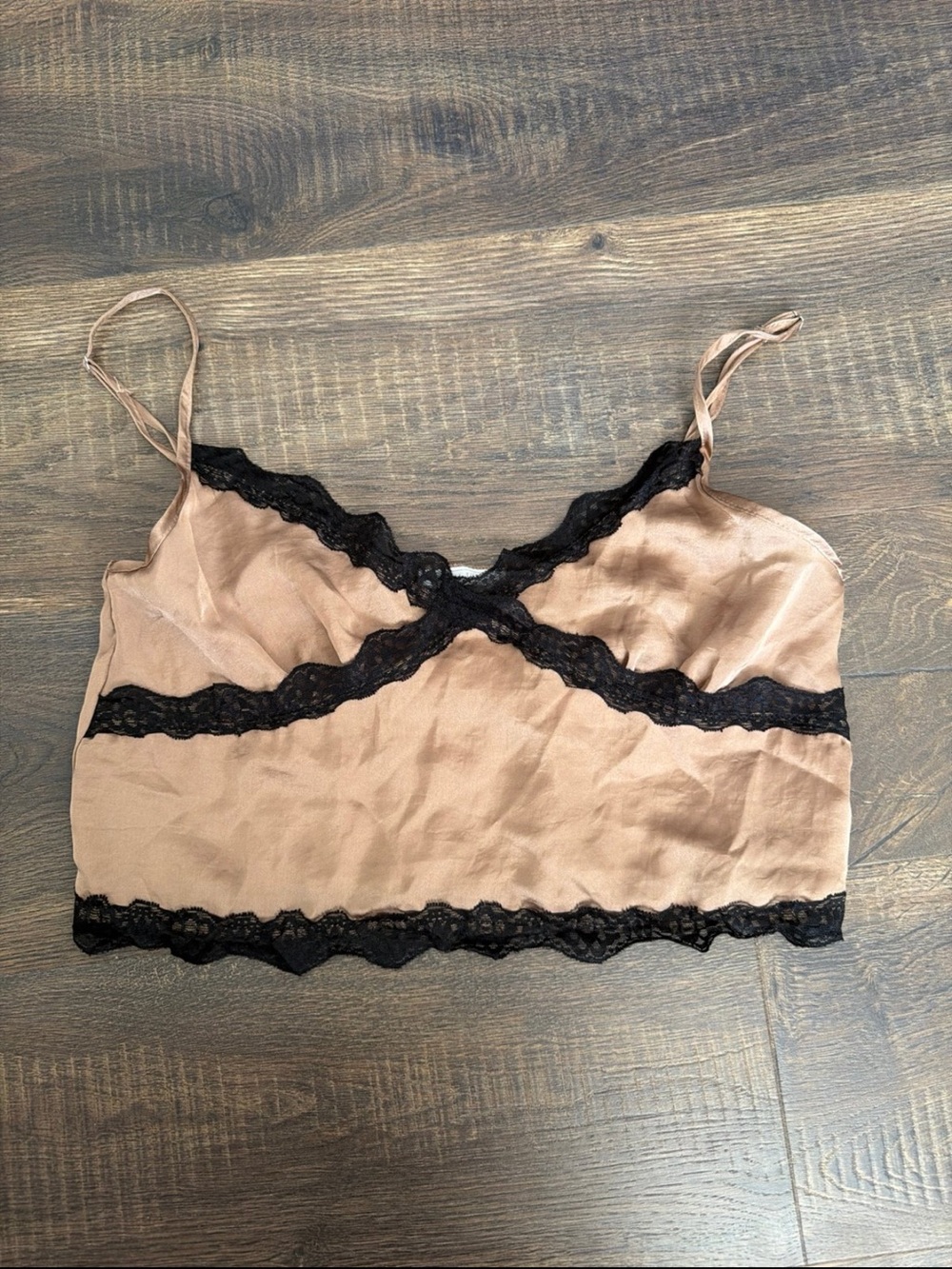 Full Tilt Tan Crop Cami with Black Lace Trim
